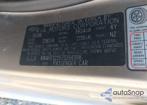 2007 Kia Spectra Ex from USA, damaged, VIN KNAFE121575394998